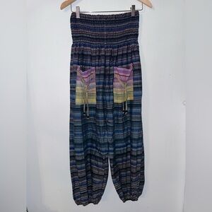 Boho Blue Striped Smocked Waist Harem Hippie Pants Size M/L